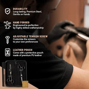 Ontaki Hair Cutting &amp; Thinning Japanese Steel Shears Kit - 7-Inch, Black - Professional Hair Shears - Stainless Steel Thinning Scissors - Barber Scissors Kit with Comb &amp; Pouch