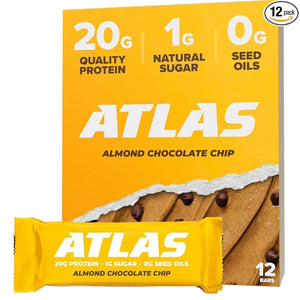 Atlas Bar ? 20g Protein 1g Sugar 0g Seed Oils 0g Artificial Sweeteners (Almond Chocolate Chip 12 Count) (12 Count Almond Chocolate Chip)