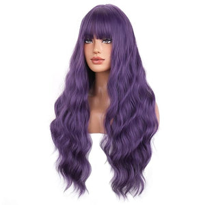 BERON Purple Long Wigs Women's Wavy Wigs with Bangs Dark Purple Curly Synthetic for Cosplay Party Wigs Wig Cap Included