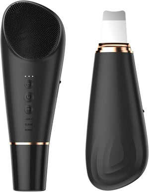 Silicone Face Scrubber Blackhead Remover Rechargeable 2-in-1 Facial Cleansing Brush &amp Skin Spatula Duo IPX7 Waterproof Exfoliating Massager Deep Cleansing for Women and Men£¨Black£©