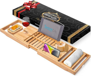 SereneLife Bamboo Bathtub Caddy with Luxury Gift Box and Red Gifting Ribbon Extendable &amp; Adjustable Tray with Device/Book Holder with Removable Trays for Bath Accessories (Natural Color)