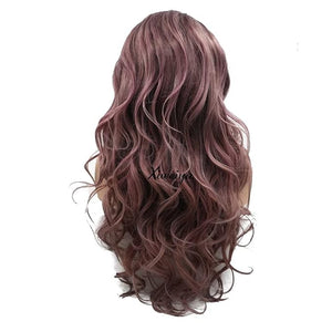 xiweiya Purple Wavy Lace Front Wig Long Curly Wave Smoke Pink Hair Mixed Synthetic Lace Front Wigs Heat Resistant Glueless Wavy Wig Hand Tied Wigs 13x3 lace wig 24inch