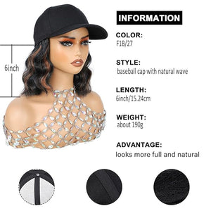 GUOJIAN Hat Wigs for Women 6' Short Wave Baseball Cap Wigs with Curly Hair Extensions Synthetic Wave Wig Adjustable Hat with Hair Attached for Daily Use (1B/27 6inch)