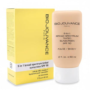 Bio Jouvance - 5-in-1 Tinted Sunscreen SPF 50 Universal 2oz / 60ml - Broad Spectrum | Hydrating Sunburn Lotion | Mineral Zinc Oxide Sun Block | Professional Facial Skin Care Treatment | Made in France