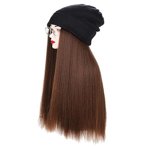 Women Winter Beanie Hat wig Knit with Long Straight/wig Wavy Curly Hair Wig Attached 23.6 Inch Synthetic Hairpiece