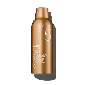 Hampton Sun SPF 15 Continuous Mist Sunscreen Broad Spectrum UVA/UVB | Advanced Water + Sweat Resistance Antioxidant-Rich Vitamin E + Aloe for Hydrated Radiant Skin Glowy Finish and Oil-Free.