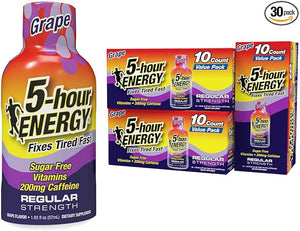 5-hour ENERGY Shots Regular Strength Grape Flavor 1.93 oz. 30 Count Sugar Free Zero Calories Amino Acids and Essential B Vitamins Dietary Supplement Feel Alert and Energized 200mg Caffeine