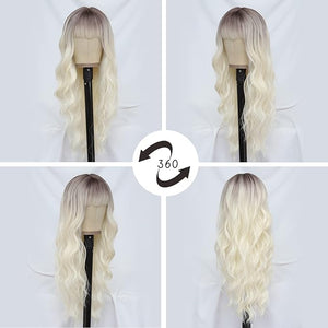 NAYOO Blonde Wigs with Bangs for Women Long Curly Wavy Hair Wigs Heat Resistant Synthetic Fiber Wigs for Daily Party Use 26 Inches (Platinum Blonde)