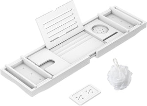 Zhuoyue Bamboo Bathtub Tray Expandable Premium Bath Tray for Luxury Bathroom Adjustable Bath Accessories for Tub with Soap Towel Book Holder Extendable 29.5-43.3 White