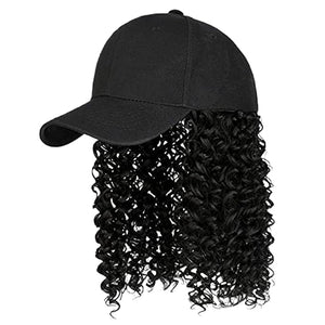 Hat With Hair Hat Wig 16 Inch Baseball Cap Wig Curly Hair Wig Adjustable Hat With Hair Attached Synthetic Wig Wavy Hair Extensions Hairpiece For Women Black