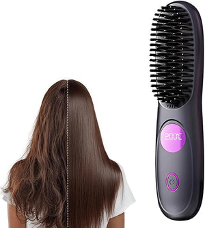 Go Brush Pro Cordless Hair Straightener Brush Portable Mini Hair Straightening Brush with 3 Temperature Settings &amp LED Display USB Rechargeable Fast Heating Hairs Brush for Travel (Black)