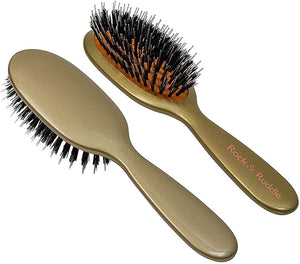 Rock &amp; Ruddle Natural Mixed Boar Bristle Hair Brush for Women and Kids (Small/Travel Size, 17.5cm) - Perfect for Wet or Dry Hair, Detangling Smoothing Blowdrying - Made in UK - Gold Design