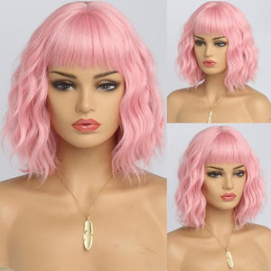 Short Pink Wig with Bangs Natural Looking Hair Wigs for Women Pink Wavy Medium Length Heat-Resistant Synthetic Fiber Hair Water Wave Bob Wig Colorful£¨14 Inches£©