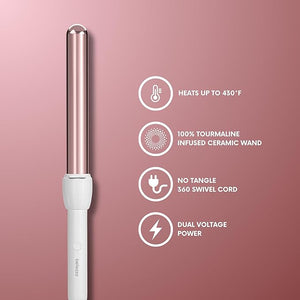 Belleza CurlPro 1 Curling Wand Tourmaline Ceramic Barrel Frizz-Free Gloss Technology Adjustable Heat Max 430¡ÆF Lightweight White Pink Rose