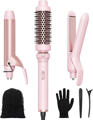 Wavytalk 3 in 1 Curling Wand Set Multi Curl Curling Iron Set with Heated Round Brush Flat Iron Hair Straightener 1 1/4 inch Curling Iron Dual Voltage Hair Curler(Pink)