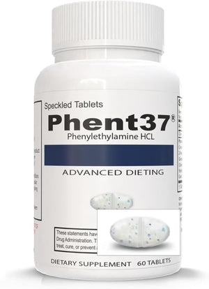 Phent37 (1 Bottle - 60 Speckled Tablets) - Advanced Phenylethylamine HCL Dietary Nutraceutical Premium Small White and Blue Tablets Boost Metabolism Weight Management for Men and Women