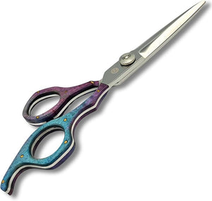 Saki Shears 6 Professional Hair Shears With Wood Accent - Sword Style Convex Blade Tension Adjustment 440C Steel (Blue)