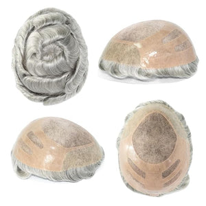 Human Hair Pieces Toupee for Men Durable Human Hair Systems Fine Mono NPU Grey Hair Unit #1B80