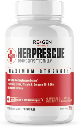 Re+Gen Nutrition HERPRESCUE Outbreak Support Supplement, Cold Sore Care for Adults, Natural Capsules w/Zinc, Vitamin C, &amp; L lysine Amino Acid for Immune Health, 120 Capsules