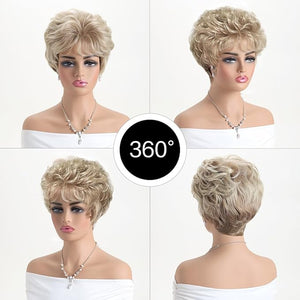 Short Curly Blonde Wigs Human Hair Mixed Synthetic Fluffy Natural Looking for Women Daily Use Heat Resistant