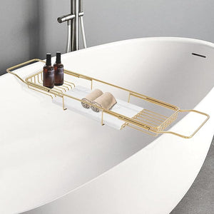 Bathtub Tray Caddy for Luxury Bath, Stainless Steel 26.8-35.4 in Expandable Extra Wide Bath Tub Tray with Natural Marble and Mobile/Tablet Stand, Ideal for Home Spa Lovers (Gold + White)