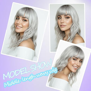 Silver Wigs for Women Ombre Grey Wavy Wig with Bangs Dark Roots Synthetic Hair Wig Medium Middle Length Bob Wig Water Wave Gray Colorful Wigs for Daily Party Cosplay Use (16 inch)