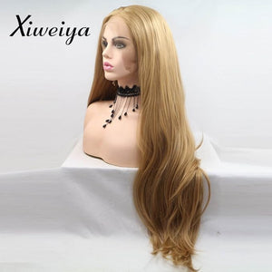 Xiweiya Long Sand Blonde Lace Front Wig Natural Hairline Brown Blonde Synthetic 13x3 Lace Front Wigs For Women Mermaid Haircut Heat Resistant Wig Makeup Girl Hairstyle High Density 24 inch
