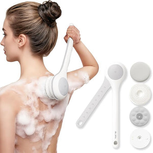 Electric Body Brush Back Scrubber for Shower, Waterproof Long Dual Handle Power Body Scrubber with 3 Heads, Rechargeable Bath Brush &amp; 2 Speeds, for Cleansing, Exfoliating and Massaging Skin