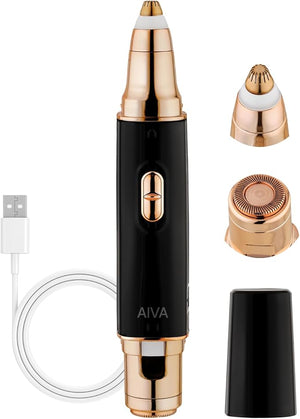 SPA SCIENCES - AIVA Deluxe - Dual 2-in-1/Double Sided Facial Hair Remover &amp Eyebrow Trimmer USB Rechargeable with Built-in LED Lights &amp 2 Extra Replacement Heads