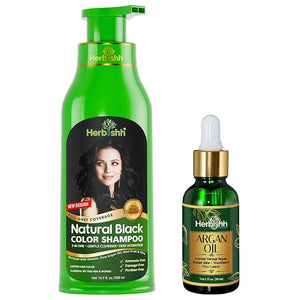Herbishh Black Hair Color Shampoo - 3-In-1 Magic Dye for Gray Hair 500 Ml + Argan Oil for Dull Dry Damaged Hair 30ML