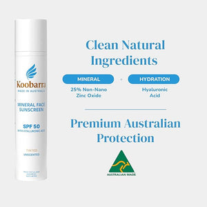 Mineral Face Sunscreen SPF 50 Tinted Aussie Zinc Oxide Sunblock with Hydrating Hyaluronic Acid Reef Safe Natural Vegan Australian Made 80min Water Resistant Unscented 100g 3.4oz