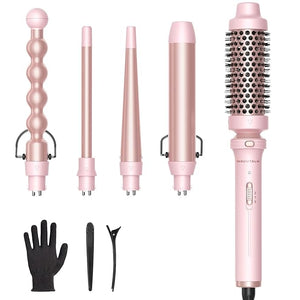 Wavytalk 5 in 1 Curling IronCurling Wand Set with Curling Brush and 4 Interchangeable Ceramic Curling Wand(0.5¡±-1.25¡±)Instant Heat UpInclude Heat Protective Glove &amp 2 Clips (Pink)