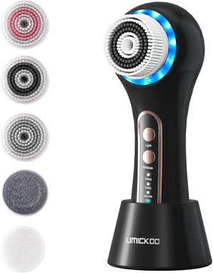 Face Scrubber ExfoliatorFacial Cleansing Brush Rechargeable IPX7 Waterproof with 5 Brush HeadsElectric Face Spin Brush for Exfoliating Massaging and Deep Cleansing (Black+Gold)