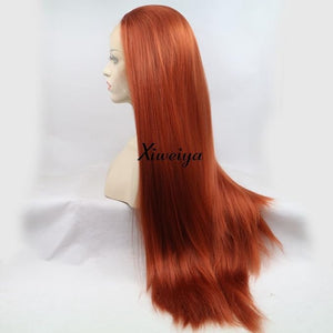 Xiweiya Copper Red Long Straight Yaki 360# Synthetic Lace Front Wigs Soft Red Hair Heat Resistant Fiber Hair for Women  Drag Queen Cosplay 24 I nches