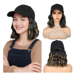GUOJIAN Hat Wigs for Women 6' Short Wave Baseball Cap Wigs with Curly Hair Extensions Synthetic Wave Wig Adjustable Hat with Hair Attached for Daily Use (1B/27 6inch)