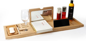 Bathtub Tray Table with Mirror and Bath Pillow Expandable and Foldable Bamboo Bath Tray for Tub Soft and 4D Mesh Bathtub Pillow Luxury Bath Accessories Spa Gifts