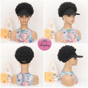 Hat Wig for Black Women Afro Kinky Curl Ponytail Short Baseball Cap Wig with Hair Attached Hair Extension