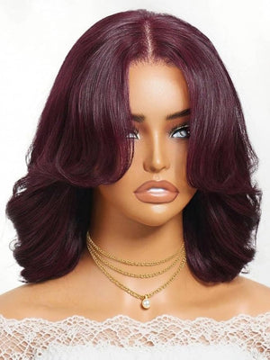 Beauty Forever Glueless Bob Wig Human Hair Body Wave Black Cherry HD Lace Bob Drawstring Wig with Face Framing Bangs 150% Density 10 Inches Pre Plucked Pre Cut Bye Bye Knots Ready to Go Blow Out Wig