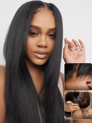 Julia Hair No Slip Yaki Straight 7x5 Lace Closure Glueless Drawstring Wig Flexible Mesh Cap Bye-Bye Slip Pre Cut HD Lace Front Pre Everything Bleached Knots Wear and Go WigZero Slip Hold 16 Inch