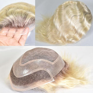 Men's Toupee 10¡¿8 European Virgin Human Hair Toupee Hair pieces for Men Thin Skin Hair Replacement System Lace Front+ Mono Net with PU around Base for Men (#4T613# color)