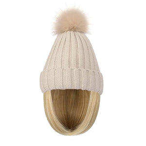 Women Caps with Hair Knit Beanie Cap with Extensions Short Straight Hairstyle Hat Wigs Winter Knitted hat bob Wig