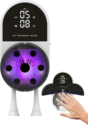 UV Toothbrush Sanitizer Holder &amp; Cleaner with Led Clock Display, Hands-Free Wave Sensing &amp; Dual Toothbrush Storage - Wall Mounted UV Tooth Brush Sanitizer Holder for Bathroom Decor, Fits All B