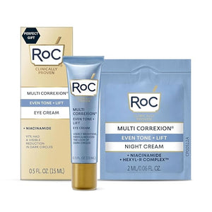 RoC Multi Correxion 5 in 1 Anti-Aging Eye Cream for Puffiness Under Eye Bags &amp Dark Circles Skin Care Treatment with Shea Butter (.5 oz) with Night Cream Packette (Packaging May Vary)