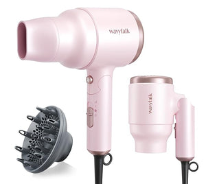 Wavytalk Blow Dryer with Diffuser Mini Hair Dryer with Folding Handle 1600W Quiet Lightweight Hairdryer with Diffuser Compact Design Pinky White