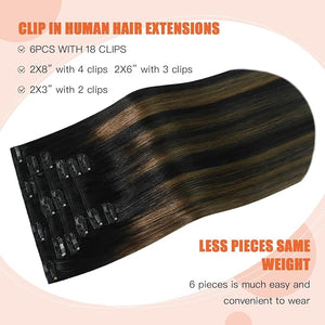 Black Brown Hair Extensions Real Human Hair Ombre Natural Black to Light Brown Highlight Black Hair Extensions 16 inch 120g 7pcs 9A Brazilian Hair Full Head Woman Clip ins