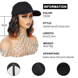 GUOJIAN Hat Wigs for Women 6' Short Wave Baseball Cap Wigs with Curly Hair Extensions Synthetic Wave Wig Adjustable Hat with Hair Attached for Daily Use (1B/350 6inch)
