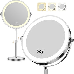 Makeup Mirror with Lights 1x/20x 360¡Æ Rotation Vanity Mirror Brightness Adjustable Lighted Makeup Mirror with Magnification 5000 mAh Rechargeable Double Sided Mirror with 3 Colors Gift for Women