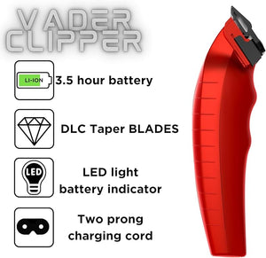 Supreme Trimmer Vader Clipper with DLC Taper Blade STC5098 | 210 Min Run Time 7500 RPM Hair Trimmer | Professional Brushless Motor Barber Clipper | Red