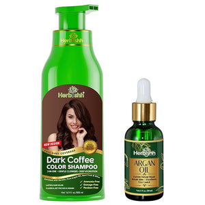 Herbishh Dark Coffee Hair Color Shampoo - 3-In-1 Magic Dye for Gray Hair 500 Ml + Essential Flower Hair Oil - Organic Formula for Dry Damaged Hair 60 ML