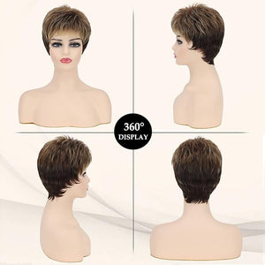 Short Pixie Wigs for White Women Natural Layered Short Brown Wigs with Blonde Highlights Synthetic Short Hair Womens Wig